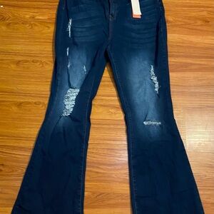 Dark Blue Distressed Flare Jeans